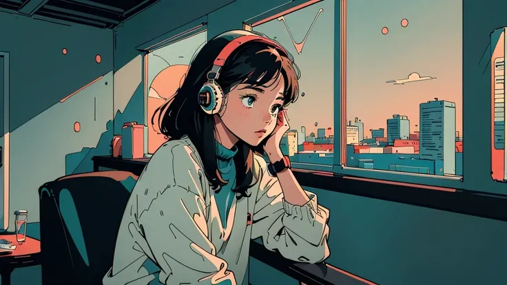 アニメ girl sitting on floor looking out window at city, アニメ aesthetic, アニメ vibes, lofi artstyle, lo-fi portrait by the window, wat...