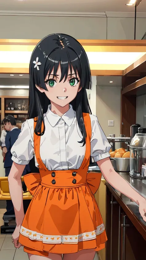  (High resolution:1.4), (masutepiece:1.2), (High quality:1.3) 1girl, saten ruiko, green eyes, long hair, black hair, small breast, Orange Skirt, orange apron, High Waist Skirt, white shirt, waitress, mini skirt, Bursting Busty,, cinematic lighting,  grin, ...