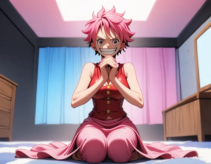 1girl, monkey d. luffy, one piece, pink hair, pink eyes, white and pink mix, pink long skirt, shes on a seiza pose, an empty and...