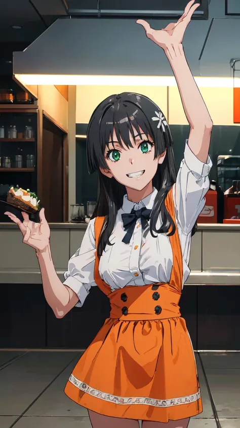  (High resolution:1.4), (masutepiece:1.2), (High quality:1.3) 1girl, saten ruiko, green eyes, long hair, black hair, small breast, Orange Skirt, orange apron, High Waist Skirt, white shirt, waitress, mini skirt, Bursting Busty,, cinematic lighting,  grin, ...