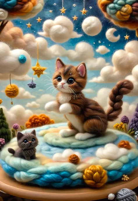 Needle Felt Art, Wool felt art, Kitten masterpiece, Floating Kitten、Fluffy Clouds、Brown Cat、A dreamy space、2.5D