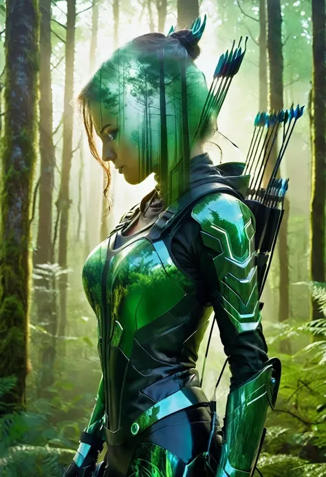 double exposure style futuristic cybernetic armed archer, blended with a magical forest, extremely detailed, 8k, photorealistic, 