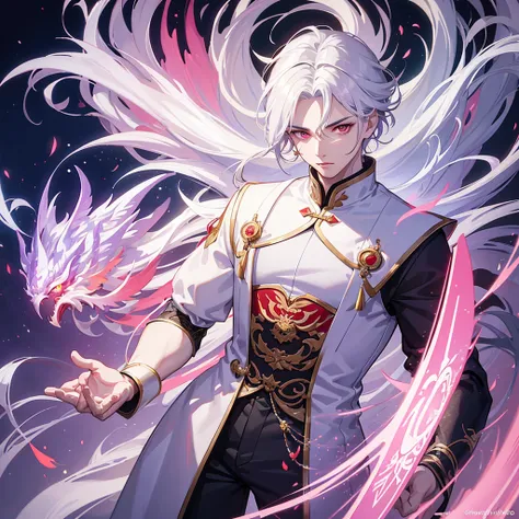 a young man with white hair and red eyes, chinese style outfit, purple aura, detailed facial features, detailed phoenix clothing, highly detailed, 8k, photorealistic, anime art, cinematic lighting, dramatic lighting, fantasy