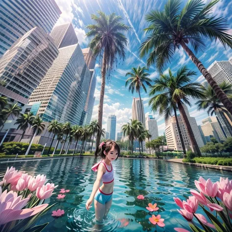 280th floor infinity pool，The tallest building in the urban forest, {Around bonsai|Luo Han Song|coconut palms|tulips|Rose flower}, ExtermlyDetaild(ProfessionlPhoto of Girl floating in the sky:1.37)(Masterpiece 8K TopQuality:1.2), ExtremelyDetailed KAWAII f...