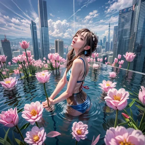 280th floor infinity pool，The tallest building in the urban forest, {Around bonsai|Luo Han Song|coconut palms|tulips|Rose flower}, ExtermlyDetaild(ProfessionlPhoto of Girl floating in the sky:1.37)(Masterpiece 8K TopQuality:1.2), ExtremelyDetailed KAWAII f...