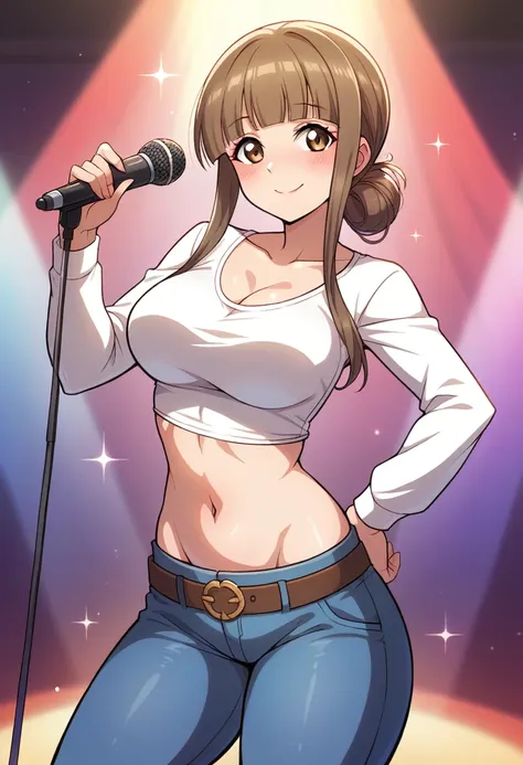 Masterpiece, best quality,Minami kotori,volumetric lighting, illustration, beautiful, tight , Blushing,breasts, blush, smile, bangs, large_breasts, shirt, long_sleeves, navel, holding, cleavage, closed_mouth, standing, collarbone, white_shirt, cowboy_shot,...