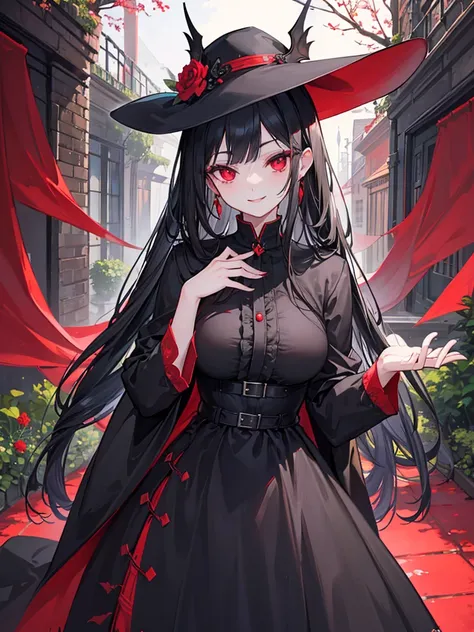 woman, red eyes, long curry wauy black hair. wear black dress, arrogant, independent woman. background in garden. she is vampire. sadistic smile. IDOL. wear hat noble