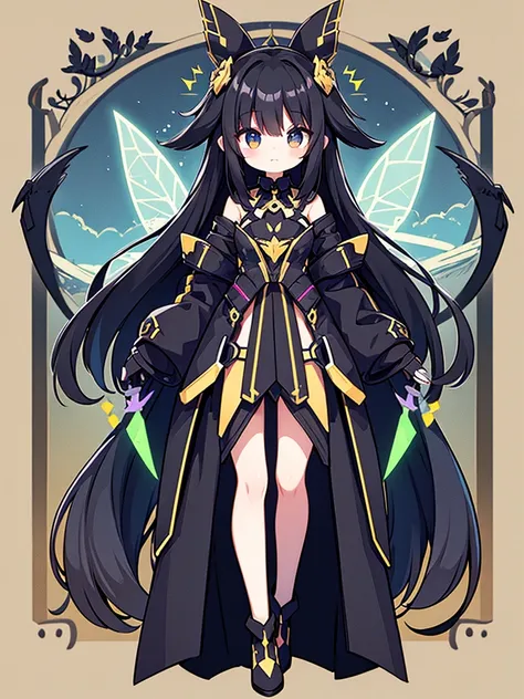 Full-body portrait、Are standing、Black Hair、Messy hair、Very long hair、Long Hair、Black base mechanical clothing、Electronic Fairy Wings、Electric leprechauns、Black base