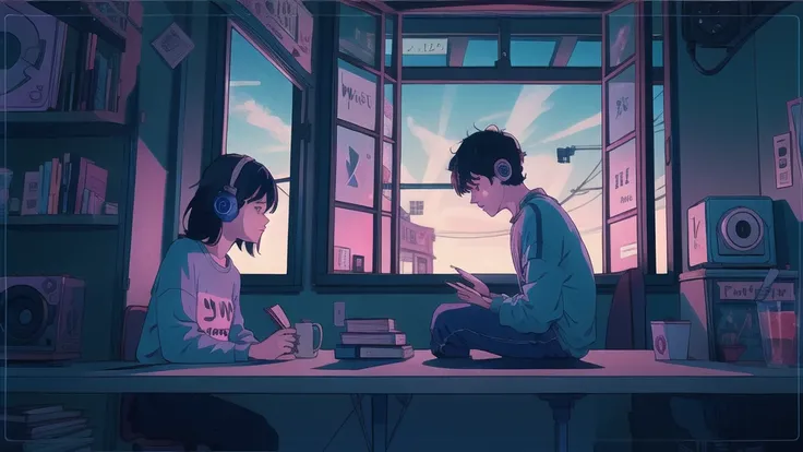 Pretty Anime Girl Lofi Alone, sitting at a table with headphones, sunset, , a book, Lofi Girl, Art Lofi, Null Art Style, Lofi Sensation, portrait of lofi, Lofi Colors, null, lo-fi art, Lofi Vibes , Lofi atmosphere, Lofi hip hop, Satoshi Could Have an Art S...