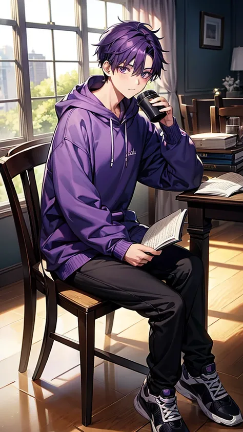  1boy, reading a book, holding a a cup of tea, wearing hoodie, sitting cross your leg, behind you there is a window, wear black sport shoes, purple hair, fullbody, look at you, facing forward, single chair