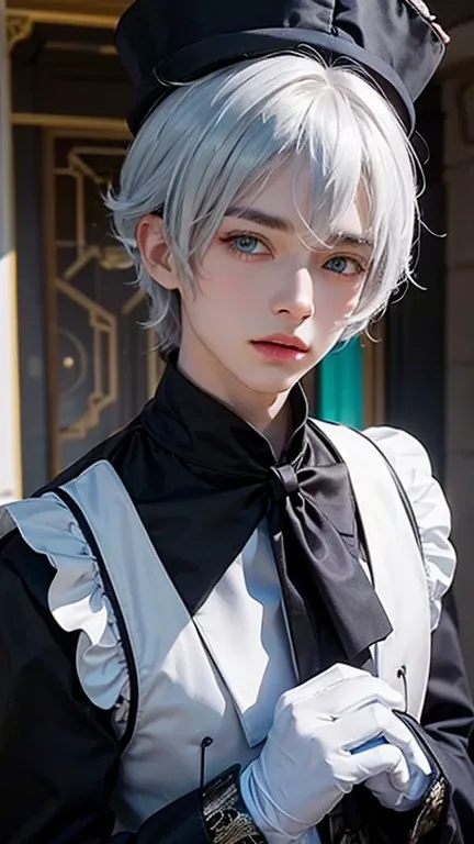 cat boy, cat ear, cat tail, cat eyes, silk hat, 
1boy, Emerald green eyes, Silver hair, white hair, streaked hair, gloves, top hat, white gloves, blue headwear, ahoge, black gloves, long sleeves, ascot, jewelry, brooch, black headwear, frills, white hair, ...