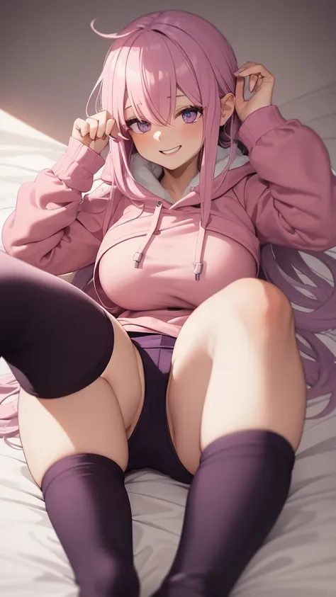 ((Best Quality)), ((Masterpiece)), (detailed), 1 girl, pajamas, pink hooded sweater, White socks, Pastel yellow hair, long hair, hair covers one eye, purple eyes, tight black shorts, big breasts, big thighs, expression smiling shy, bottom lying on a bed