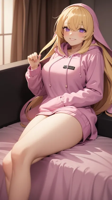 ((Best Quality)), ((Masterpiece)), (detailed), 1 girl, pajamas, pink hooded sweater, White socks, Pastel yellow hair, long hair, hair covers one eye, purple eyes, tight black shorts, big breasts, big thighs, expression smiling shy, bottom lying on a bed