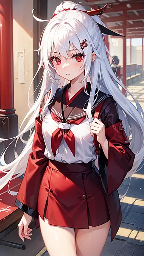 ((A girl with red eyes and white hair at a school in Japan))