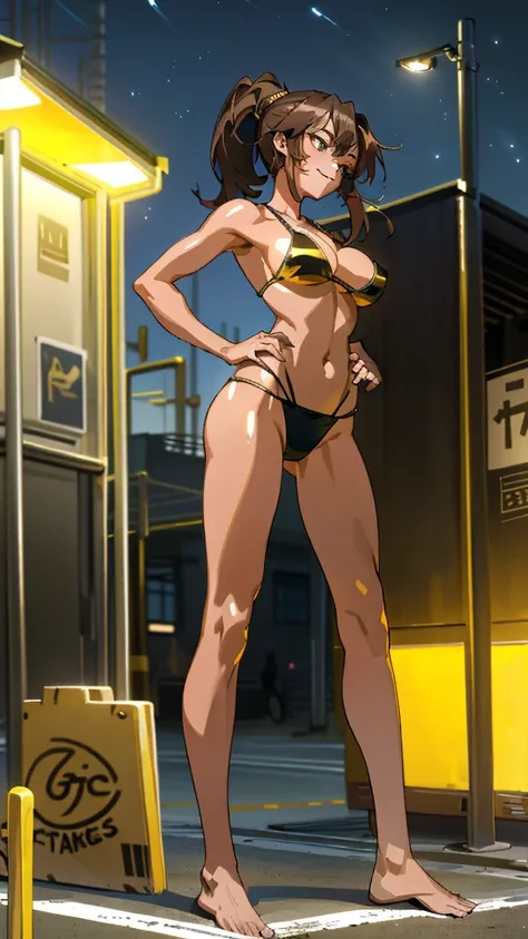 Masterpiece, best quality, Masterpiece, best quality, 1 woman, brown hair ponytail , sly face , smile , gold bikini , abdomen, big breasts , Long legs , Barefoot , hands on hips , parking lot , nighttime