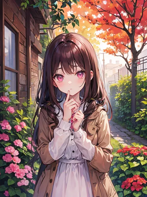 , pink eyes, long curry brown hair. wear jacket, background in garden. she so shy.