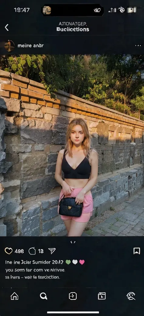 Create me a girl with blonde highlights who is on vacation she will stand in front of a stone wall with the sun illuminating her she will have pink shorts a black bra top with a black handbag 