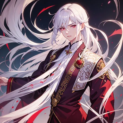 a young man with white hair and red eyes, chinese style outfit, purple Lotus aura, detailed facial features, detailed clothing, highly detailed, 8k, photorealistic, anime art, cinematic lighting, dramatic lighting, fantasy, 