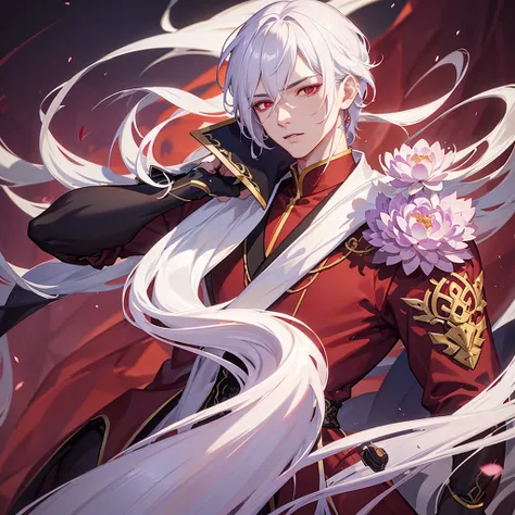 a young man with white hair and red eyes, chinese style outfit, purple Lotus aura, detailed facial features, detailed clothing, highly detailed, 8k, photorealistic, anime art, cinematic lighting, dramatic lighting, fantasy, 