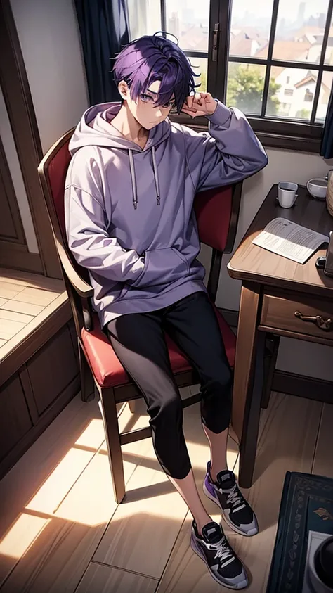  1boy, reading a book, holding a a cup of tea, wearing hoodie, sitting cross your leg, behind you there is a window, wear black sport shoes, purple hair, fullbody, look at you, body facing forward, single chair, the window will have a crack as well to fit ...