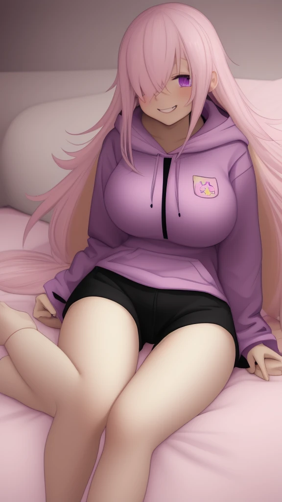 ((Best Quality)), ((Masterpiece)), (detailed), 1 girl, pajamas, pink hooded sweater, White socks, Pastel yellow hair, long hair, hair covers one eye, purple eyes, tight black shorts, big breasts, big thighs, expression smiling shy, bottom lying on a bed