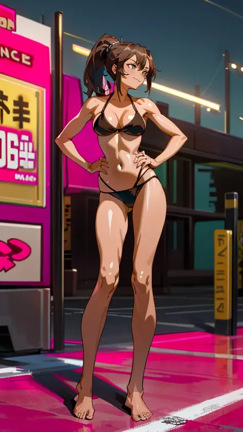 Masterpiece, best quality, Masterpiece, best quality, 1 woman, brown hair ponytail , sly face , smile , pink bikini , abdomen, big breasts , Long legs , Barefoot , hands on hips , parking lot , nighttime