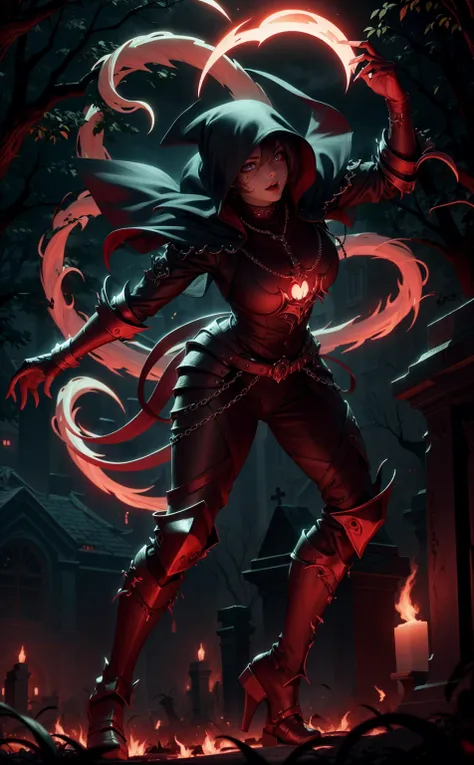 gothic vampire captain, short black hair, neckleace, in sexy armor in the cemetery in the background of a mansion, full body flame lighting, movement pose, veil