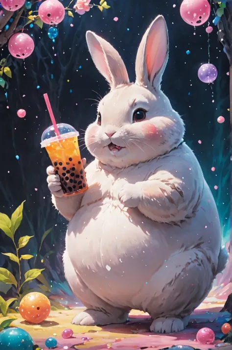 cosmic canvas,flawless, clean, masterpiece, professional artwork, famous artwork, painting of a chubby rabbit, has a liquor bottle in his hand,( bubble tea background),  