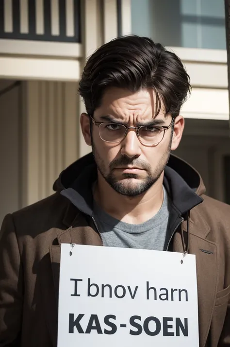 A serious man looking forward holding a sign.
