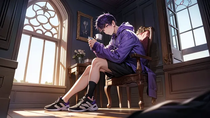  1boy, reading a book, holding a a cup of tea, wearing hoodie, sitting cross your leg, behind you there is a window, wear black sport shoes, purple hair, fullbody, look at you, body facing forward, single chair, the window will have a crack as well to fit ...