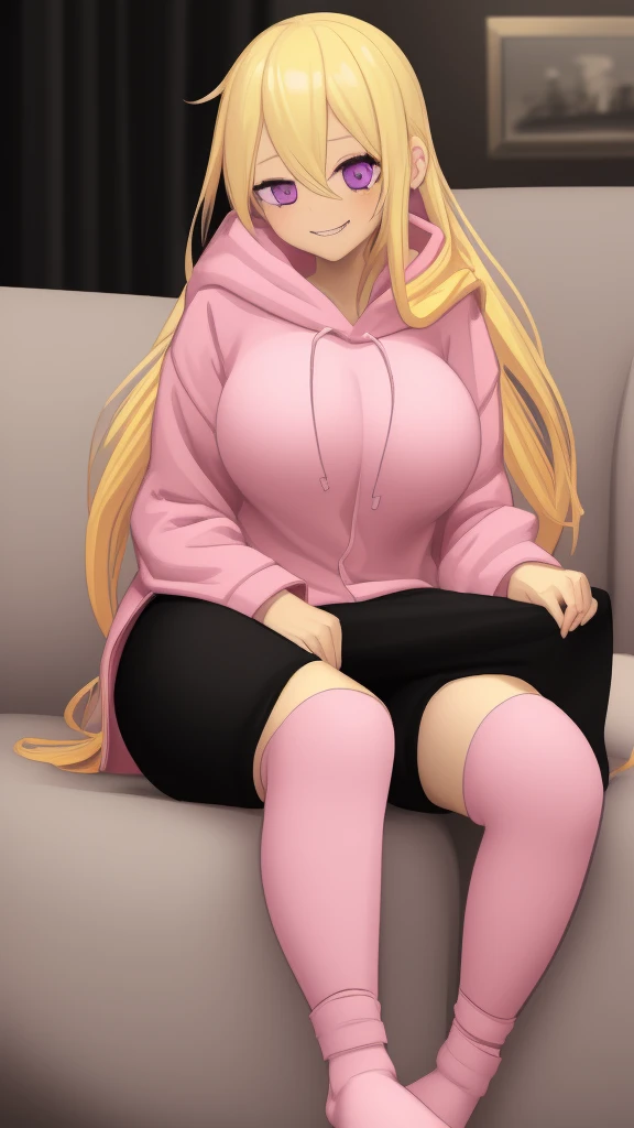 ((Best Quality)), ((Masterpiece)), (detailed), 1 girl, pajamas, pink hooded sweater, White socks, Pastel yellow hair, long hair, hair covers one eye, purple eyes, tight black shorts, big breasts, big thighs, expression smiling shy, background in a living r...