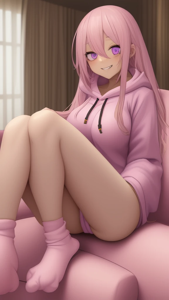 ((Best Quality)), ((Masterpiece)), (detailed), 1 girl, pajamas, pink hooded sweater, White socks, Pastel yellow hair, long hair, hair covers one eye, purple eyes, tight black shorts, big breasts, big thighs, expression smiling shy, background in a living r...