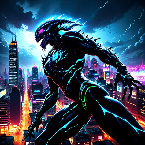 a giant alien monster attacking a city at night, highly detailed, ultra-realistic, 8k, cinematic lighting, dramatic angles, glowing alien eyes, destructive city landscape, neon city lights, dark moody atmosphere, cinematic camera angles
