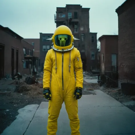 Horror-themed,  In an ancient and mysterious city a person wearing a yellow helmet with yellow spikes on it carcosa city style, Don Bluth Style ASTRONAUT Cthulhu yellow Toon Doll, full body RAW candid cinema, cyan hair, 16mm, color graded portra 400 film, ...