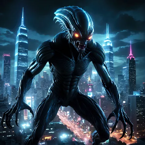 a giant alien monster attacking a city at night, highly detailed, ultra-realistic, 8k, cinematic lighting, dramatic angles, glowing alien eyes, destructive city landscape, neon city lights, dark moody atmosphere, cinematic camera angles
