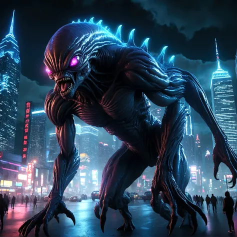 a giant alien monster attacking a city at night, highly detailed, ultra-realistic, 8k, cinematic lighting, dramatic angles, glowing alien eyes, destructive city landscape, neon city lights, dark moody atmosphere, cinematic camera angles
