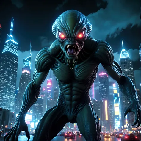 a giant alien monster attacking a city at night, highly detailed, ultra-realistic, 8k, cinematic lighting, dramatic angles, glowing alien eyes, destructive city landscape, neon city lights, dark moody atmosphere, cinematic camera angles
