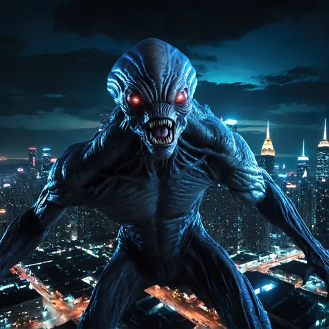 a giant alien monster attacking a city at night, highly detailed, ultra-realistic, 8k, cinematic lighting, dramatic angles, glowing alien eyes, destructive city landscape, neon city lights, dark moody atmosphere, cinematic camera angles
