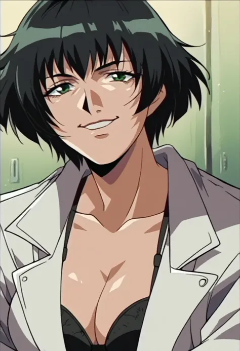  lady (from devil may cry 5:1.1), black short hair, green eyes, perfect face, black bra, white jacket, naughy smile, milf
