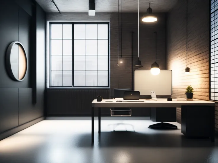 industrial style office design room with minimalist lighting