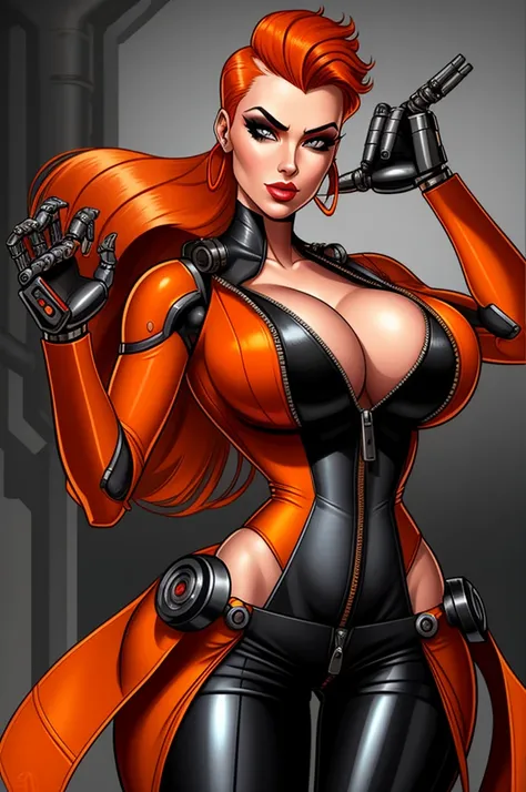 A gorgeous mechanic, femme fatale, in an atompunk style, set against a blank background with retro-futuristic elements, wearing an unzipped orange jumpsuit revealing cleavage, with a mechanical hand, cybernetic augments, half-shaved ginger hair, gunmetal g...