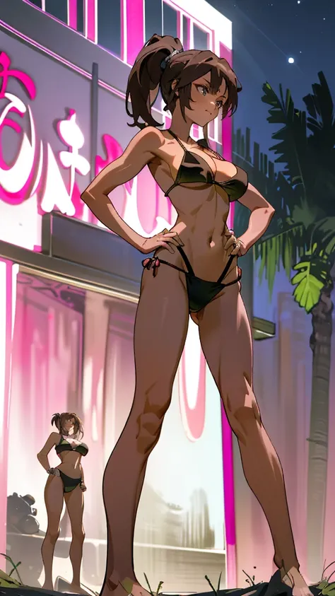 Masterpiece, best quality, Masterpiece, best quality, 1 woman, brown hair ponytail , sly face , smile , pink bikini , abdomen, big breasts , Long legs , Barefoot , hands on hips , forest, nighttime