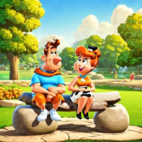 Fred and Wilma Flintstone sitting on a stone bench in the park