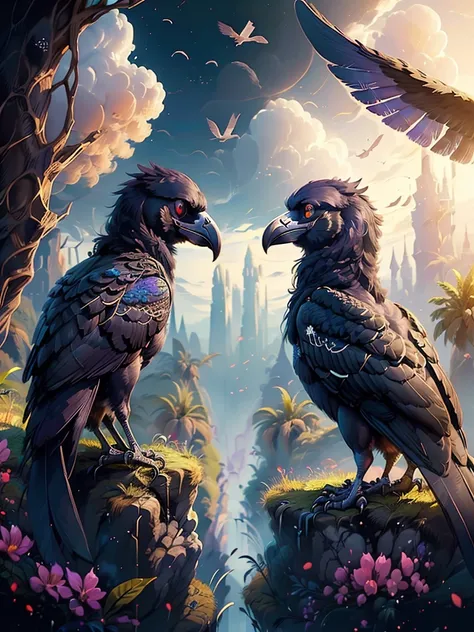 (masterpiece:1.2),(best quality:1.2),newest, ai-generated, two toony ravens talking to viewer, (no humans), birds, wings, feathers, detailed