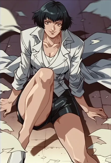  lady (from devil may cry 5:1.1), black short hair, white jacket, naughy smile, milf, encorped body, black shorts
