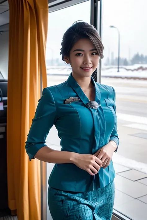 (a beautiful chindo woman, age 22, she's a air stewardess wearing garudaindonesia uniform, walking in incheon int'l airport, kin...