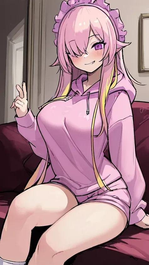 ((Best Quality)), ((Masterpiece)), (detailed), 1 girl, pajamas, pink hooded sweater, White socks, Pastel yellow hair, long hair, hair covers one eye, purple eyes, tight black shorts, big breasts, big thighs, expression smiling shy, background in a living r...