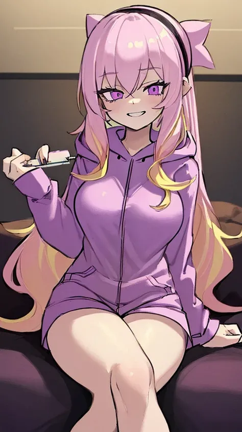 ((Best Quality)), ((Masterpiece)), (detailed), 1 girl, pajamas, pink hooded sweater, White socks, Pastel yellow hair, long hair, hair covers one eye, purple eyes, tight black shorts, big breasts, big thighs, expression smiling shy, background in a living r...