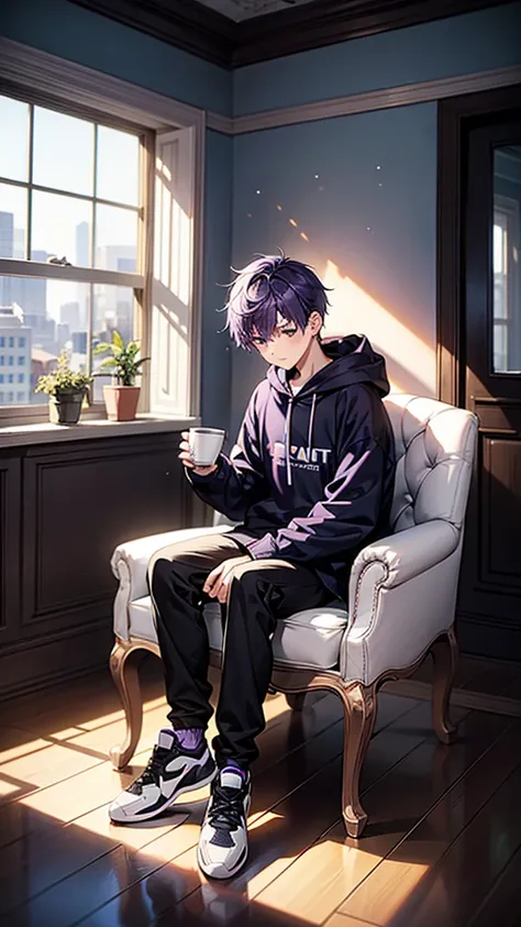  1boy, reading a book, holding a a cup of tea, wearing hoodie, sitting cross your leg, behind you there is a window, wear black sport shoes, purple hair, fullbody, look at you, body facing forward, single chair, the window will have a crack as well to fit ...