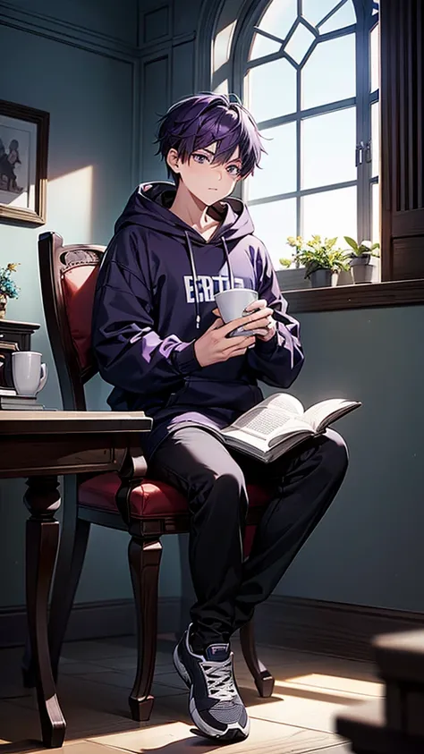  1boy, reading a book, holding a a cup of tea, wearing hoodie, sitting cross your leg, behind you there is a window, wear black sport shoes, purple hair, fullbody, look at you, body facing forward, single chair, the window will have a crack as well to fit ...